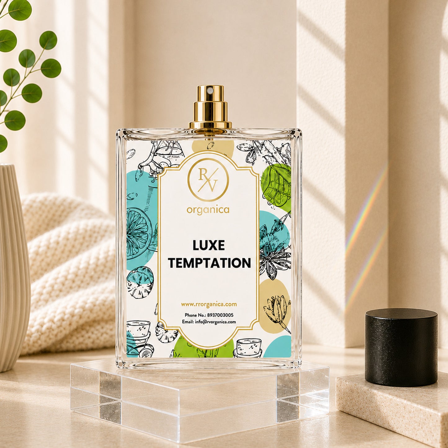 RV Organica Luxe Temptation inspired fragrance displayed on a luxury pedestal in a modern setting, featuring an elegant perfume for men and women.