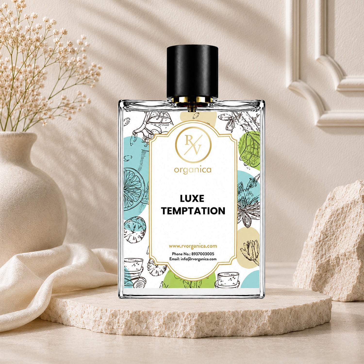 Luxe Temptation inspired fragrance by RV Organica in a premium perfume bottle with fruity, sweet, citrus, rose, lily, and musky creamy notes for everyday wear.