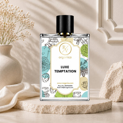 Luxe Temptation inspired fragrance by RV Organica in a premium perfume bottle with fruity, sweet, citrus, rose, lily, and musky creamy notes for everyday wear.