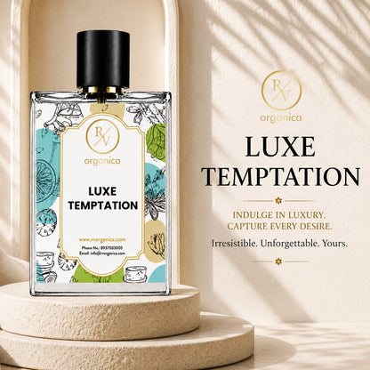Luxe Temptation inspired fragrance perfume by RV Organica in a luxury glass bottle with fruity, floral, citrus, and musky creamy notes, ideal for daily wear and gifting.