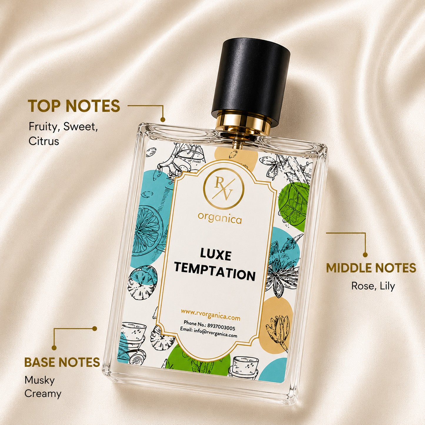RV Organica Luxe Temptation inspired fragrance featuring fruity, sweet, and citrus top notes, rose and lily middle notes, with musky and creamy base notes.