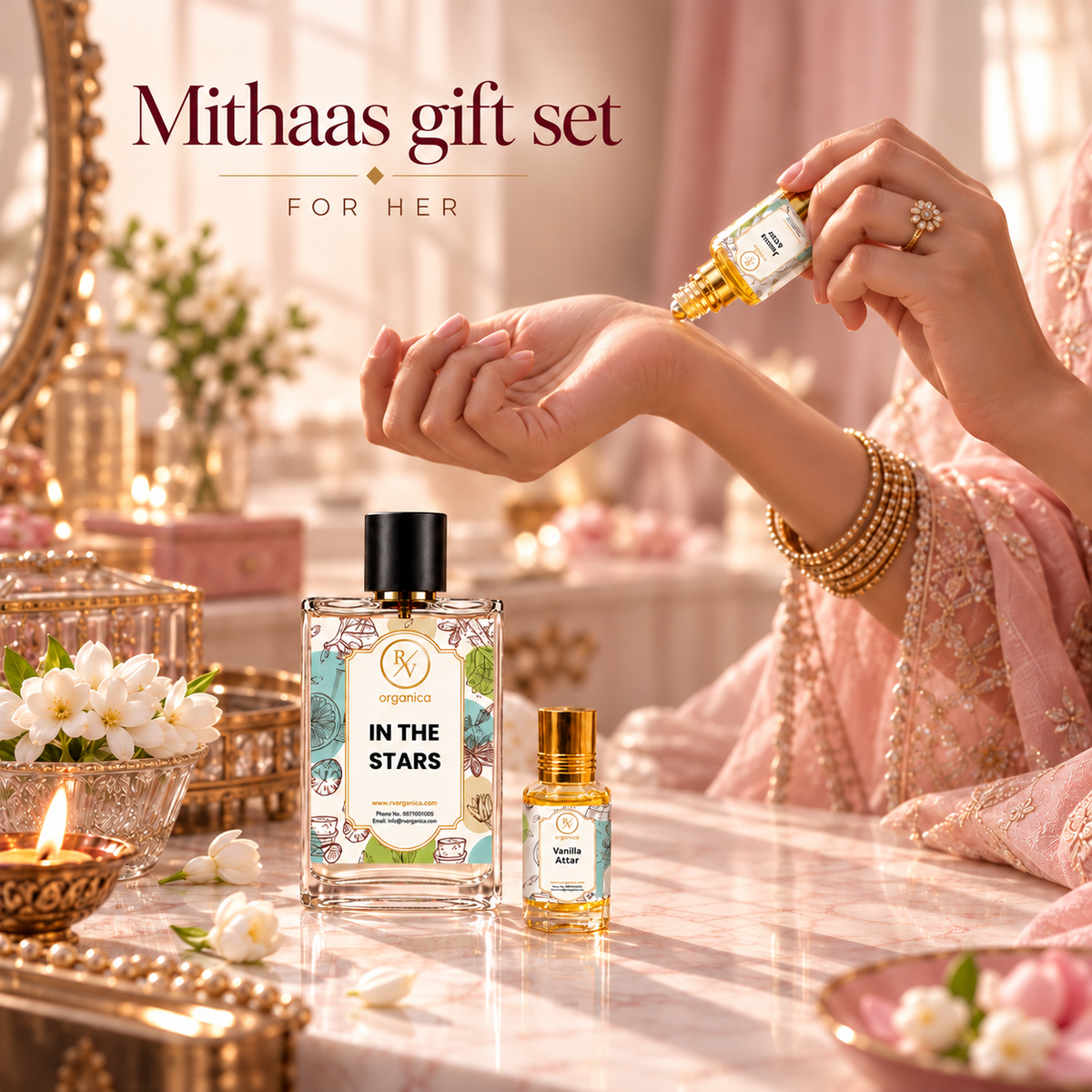 Woman applying jasmine attar on wrist from the Mithaas gift set