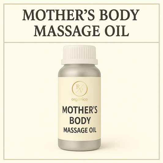 Bottle of 'Mother's Body Massage Oil' with a beige background