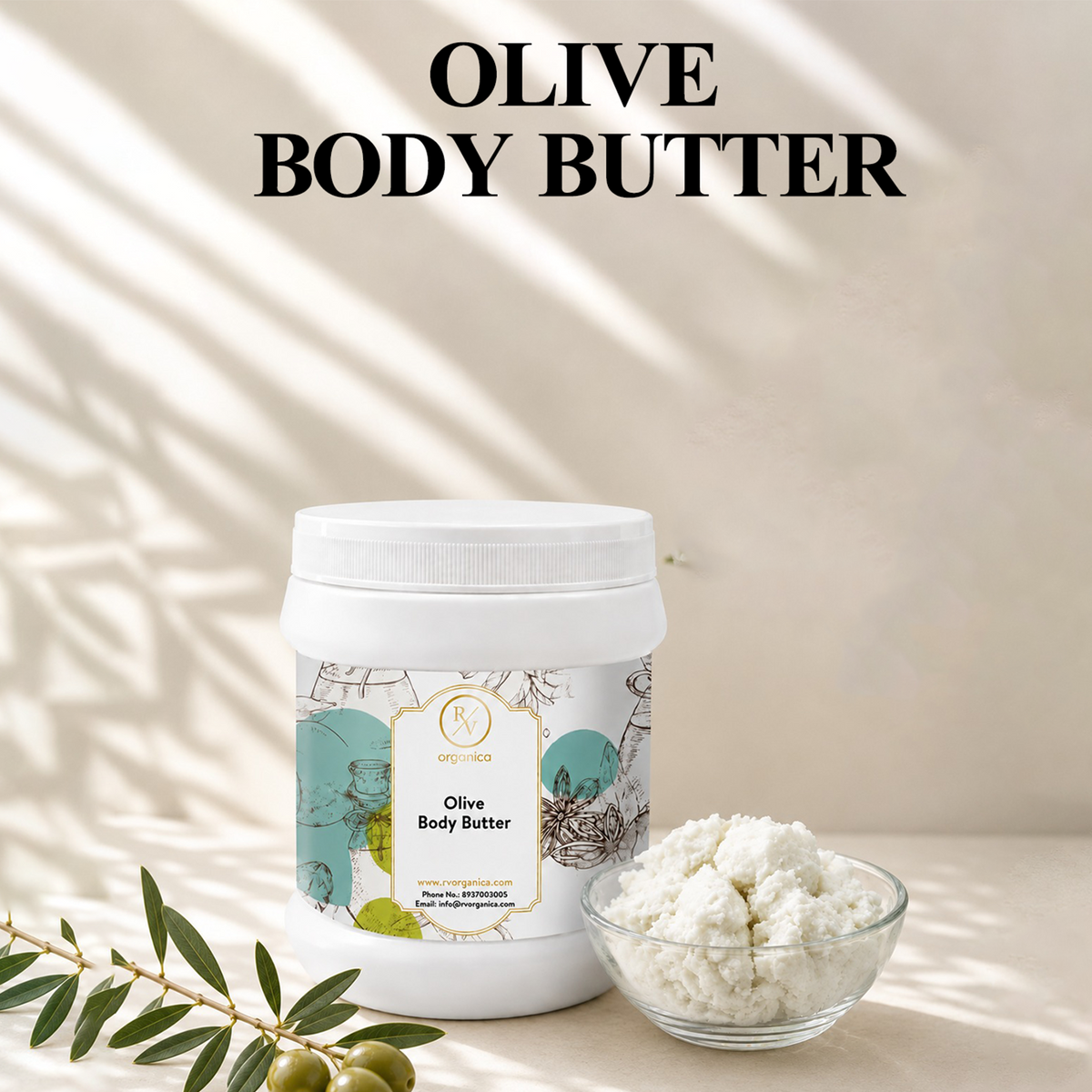 RV Organica Olive Body Butter with butery-smooth texture and deep moisturizing care