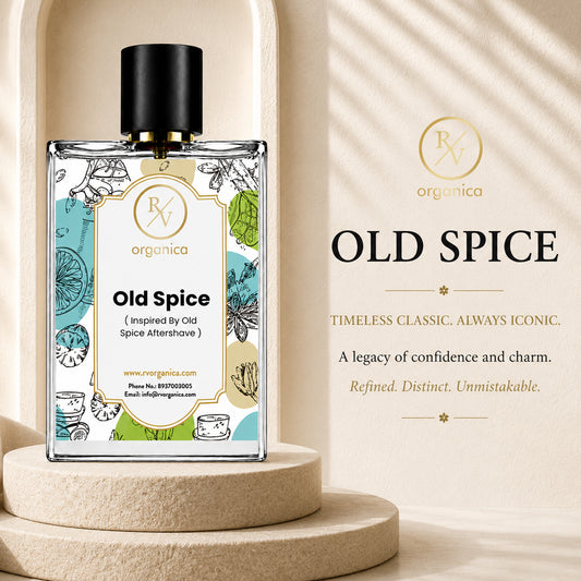RV Organica Old Spice-inspired fragrance oil in an elegant perfume bottle with a luxury display, capturing the timeless masculine character of Old Spice Aftershave. - second image