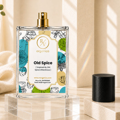 Open bottle of RV Organica Old Spice inspired fragrance oil with luxury atomizer, designed for perfumes, deodorants, aftershaves, and personal care formulations.