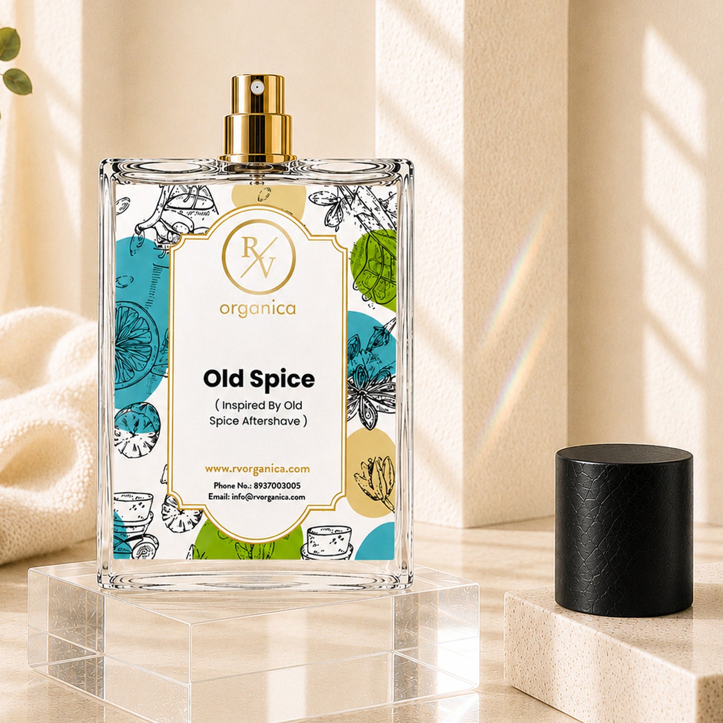 Open bottle of RV Organica Old Spice inspired fragrance oil with luxury atomizer, designed for perfumes, deodorants, aftershaves, and personal care formulations.