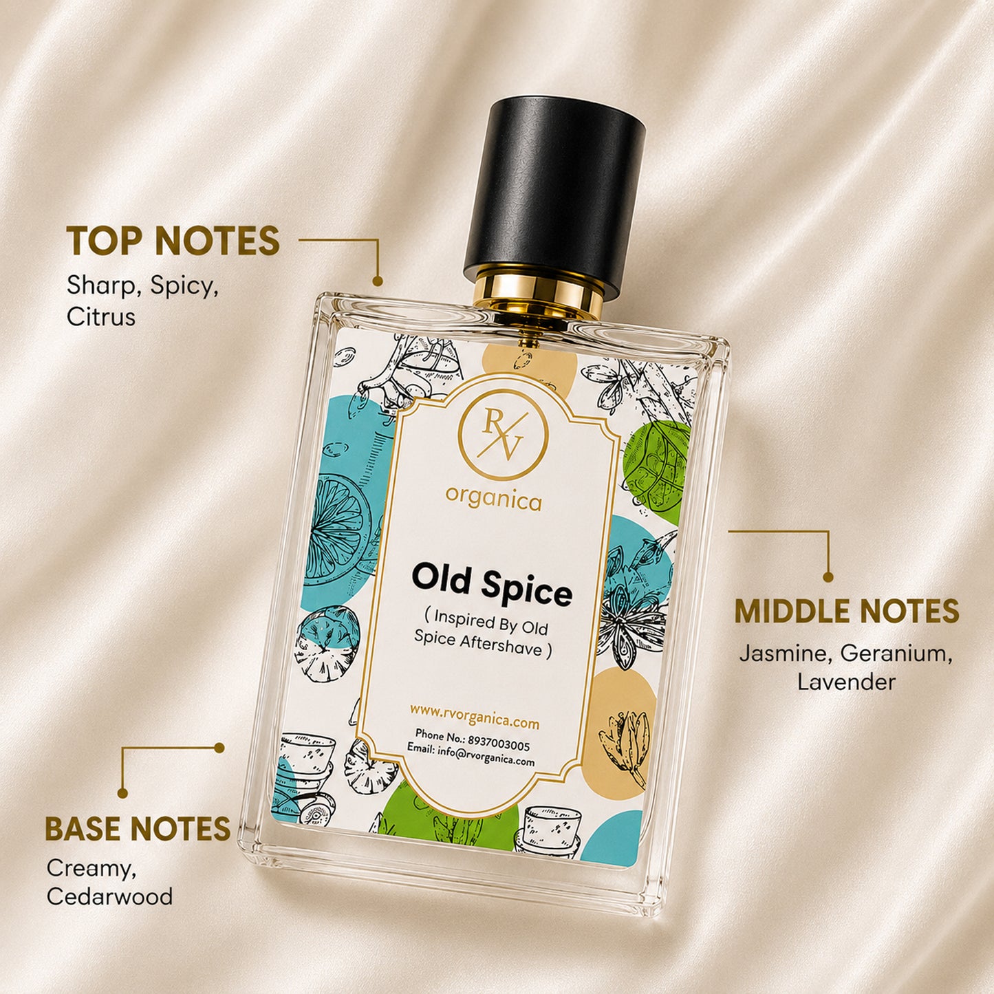 RV Organica Old Spice-inspired fragrance oil featuring sharp citrus top notes, jasmine, geranium, lavender, creamy cedarwood, and a classic masculine fragrance profile.