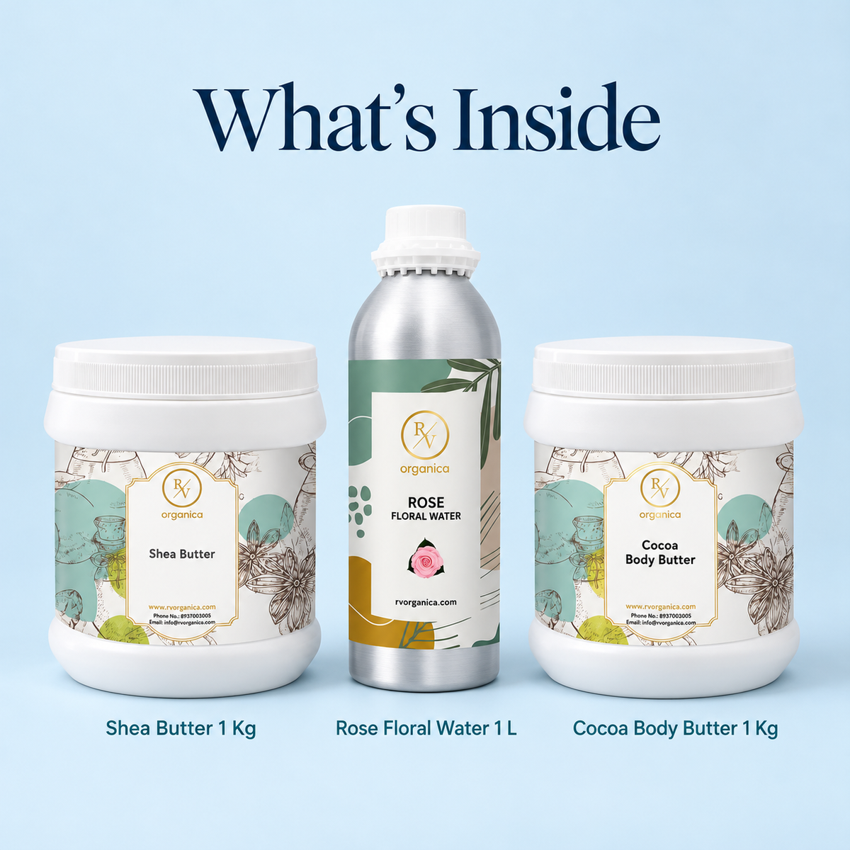 Shea Butter 1kg, Rose Floral Water 1L and Cocoa Body Butter 1kg in winter gift set