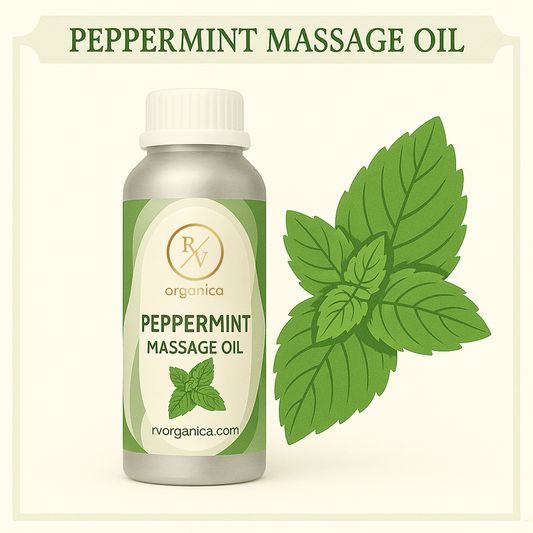 A bottle of RV Organica Peppermint Massage Oil with a leafy green image next to it, indicating the peppermint ingredient.