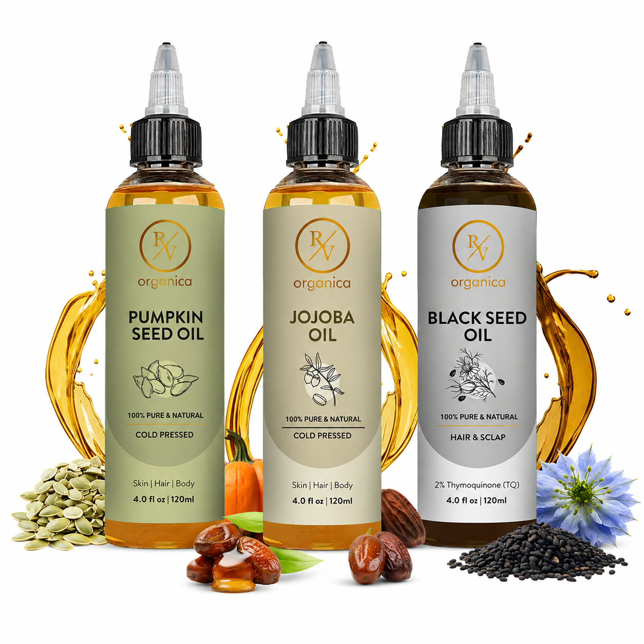 Pumpkin Seed, Jojoba and Black Seed hair oil combo bottles by RV Organica for scalp health and hair growth