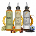 Pumpkin Seed, Jojoba and Black Seed hair oil combo bottles by RV Organica for scalp health and hair growth