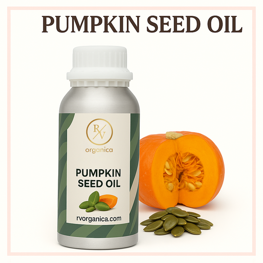 A bottle of Pumpkin Seed Oil with a pumpkin and seeds in the background, labeled RV Organica.