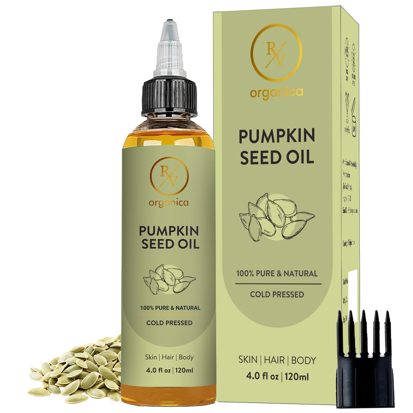 RV Organica Pumpkin Seed Oil 120ml with packaging box and comb - 100% pure cold pressed pumpkin seed oil for skin, hair and body