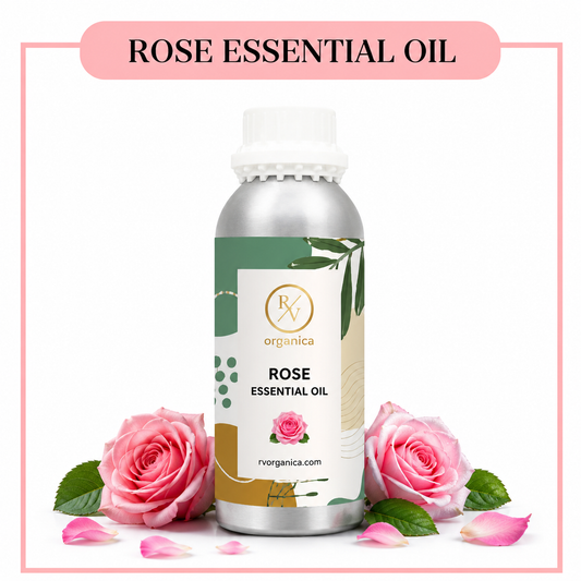 "Pure Rose Essential Oil bottles with blooming rose petals, natural aromatic oil for skincare, relaxation and aromatherapy."