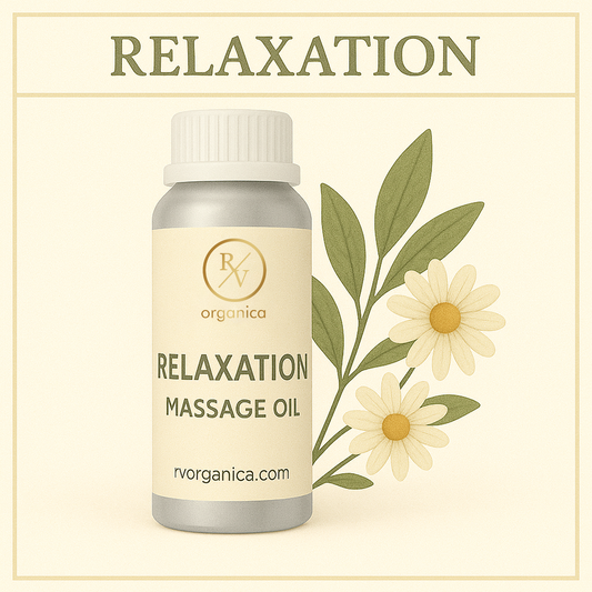 A bottle of Relaxation Massage Oil by RV Organica, labeled with the product name and an image of flowers in the background.