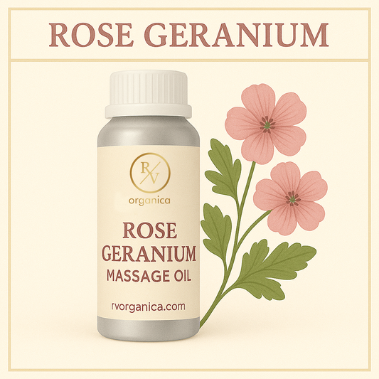 A bottle of Rose Geranium Massage Oil with a white cap, labeled with the brand RV Organica and accompanied by illustrations of rose geranium flowers and leaves.
