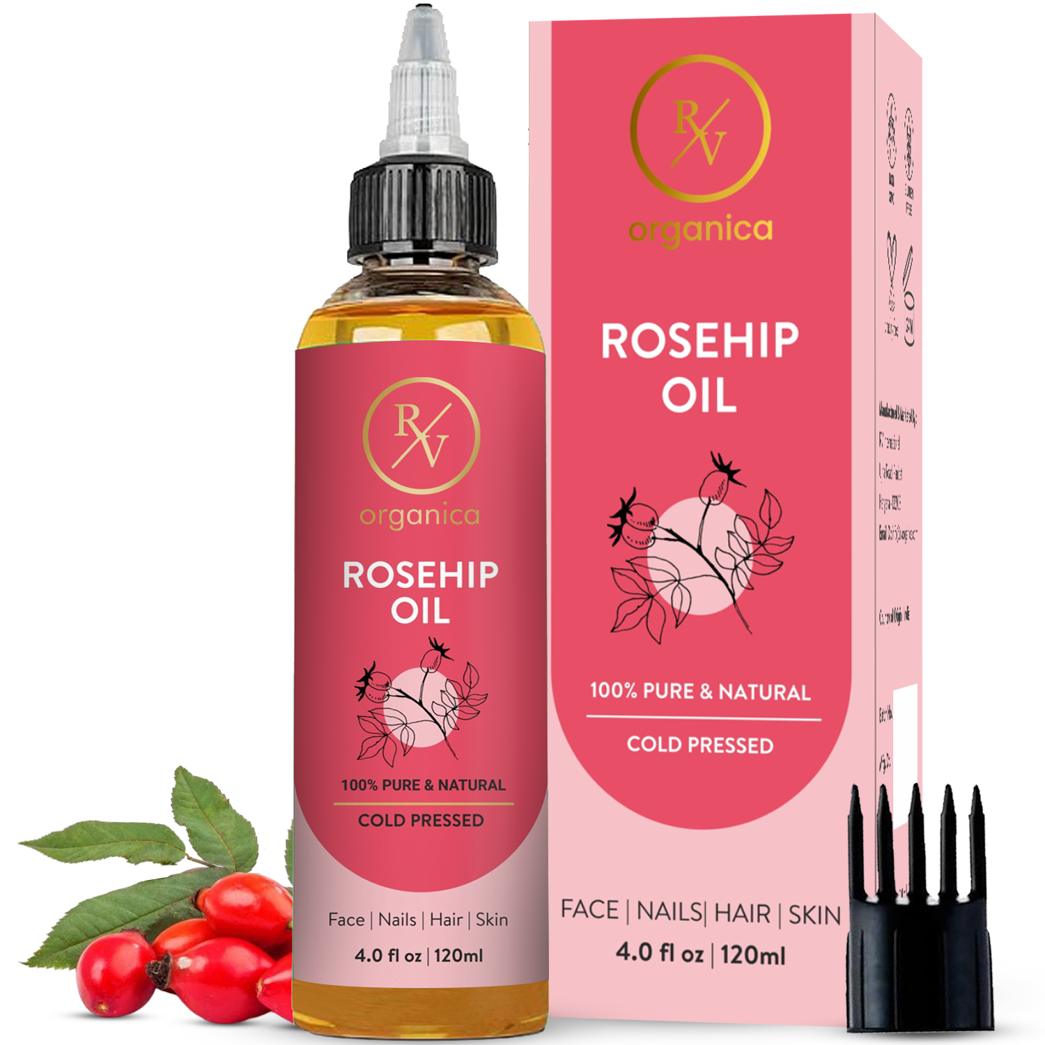 RV Organica Rosehip Oil 120ml with packaging box and comb - 100% pure cold pressed rosehip oil for face, nails, hair and skin