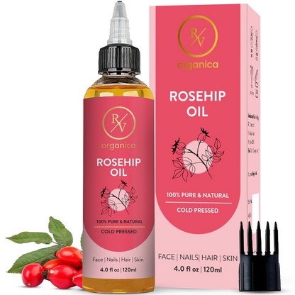 RV Organica Rosehip Oil 120ml with packaging box and comb - 100% pure cold pressed rosehip oil for face, nails, hair and skin