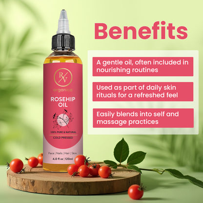 RV Organica Rosehip Oil 120ml bottle with rosehip berries - gentle nourishing oil for skin rituals
