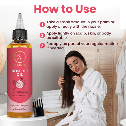 How to use RV Organica Rosehip Oil - apply with nozzle on scalp, skin or body as part of daily routine