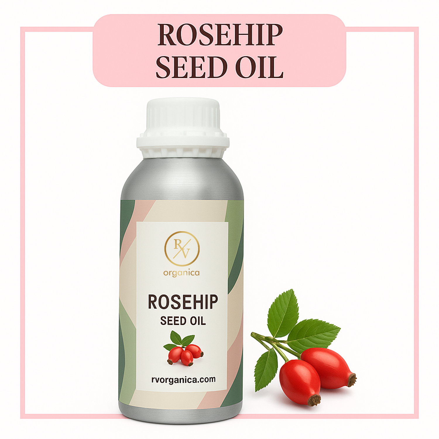 A bottle of Rosehip Seed Oil with a label showing the product name and a few rosehip fruits. The background is white with a pink rectangular border.
