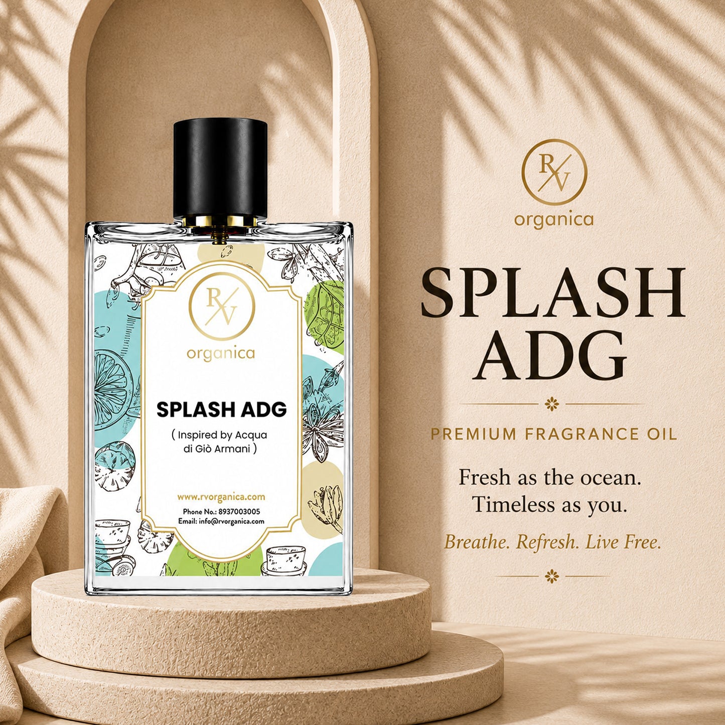 RV Organica Splash ADG premium fragrance oil inspired by Acqua di Gio Armani displayed on a luxury beige podium with elegant aesthetic background.