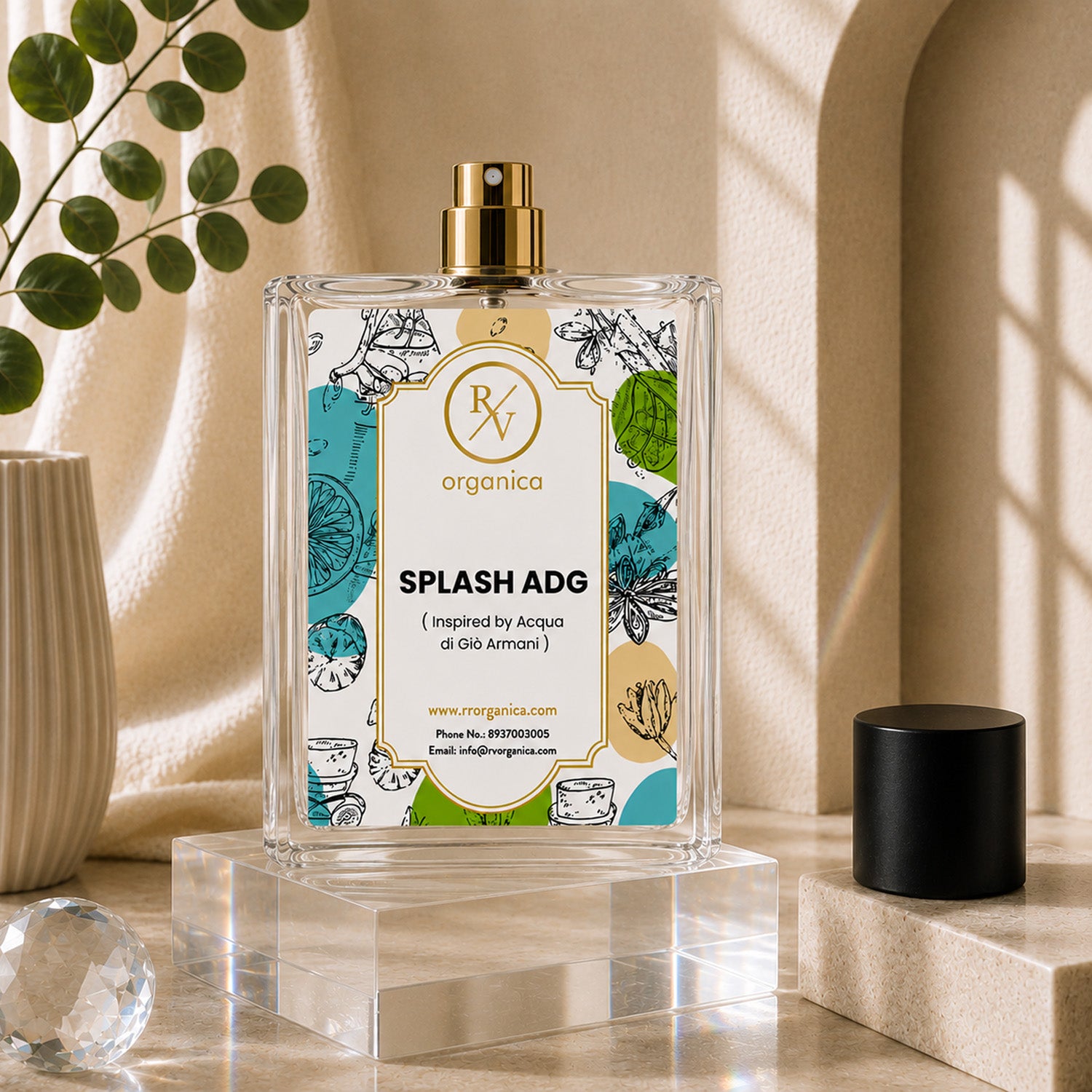 RV Organica Splash ADG premium fragrance oil inspired by Acqua di Gio Armani with open spray bottle displayed on a clear acrylic stand and elegant beige background