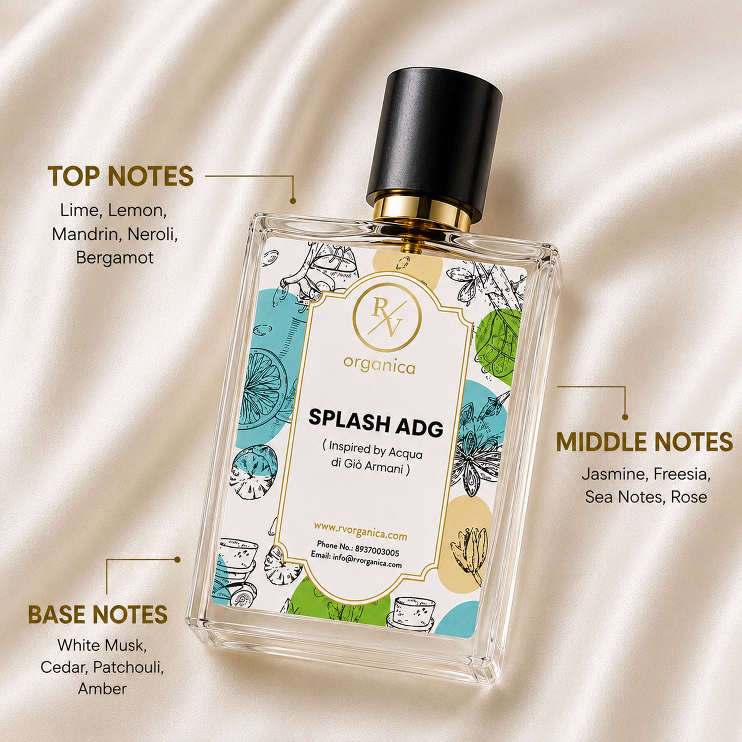 RV Organica Splash ADG perfume inspired by Acqua di Gio Armani featuring top notes of lime, lemon, mandarin, neroli, and bergamot with floral and woody base notes.