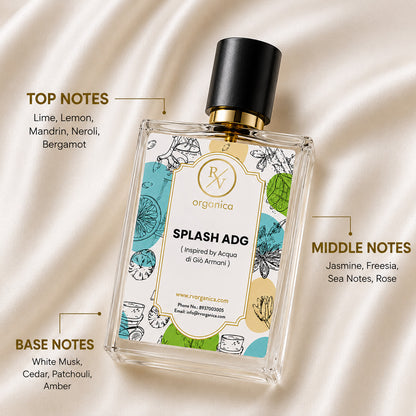 RV Organica Splash ADG perfume inspired by Acqua di Gio Armani featuring top notes of lime, lemon, mandarin, neroli, and bergamot with floral and woody base notes.