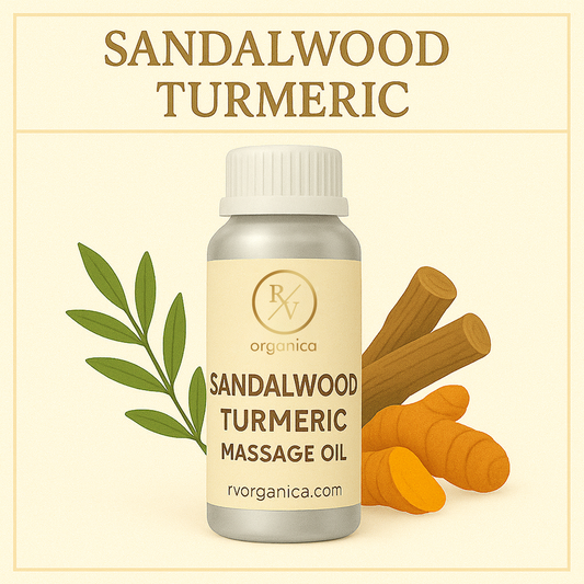 A bottle of Sandalwood Turmeric Massage Oil by RV Organica, with sandalwood and turmeric roots illustrations in the background.