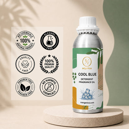 Cool Blue Detergent Fragrance Oil in a premium aluminium bottle with quality icons highlighting long-lasting fragrance, premium quality, IFRA compliant, cruelty-free, Made in India, and multipurpose fragrance applications.
