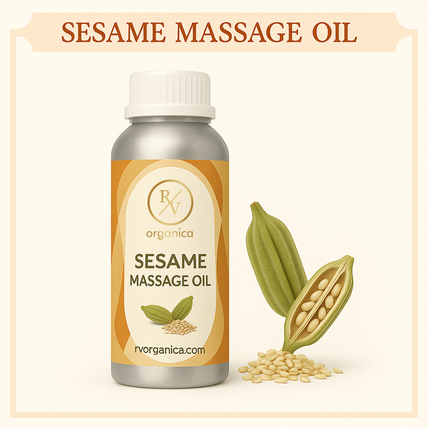 A bottle of Sesame Massage Oil with a label that includes the brand name and product name. The bottle is accompanied by illustrations of sesame seeds and a sesame pod.