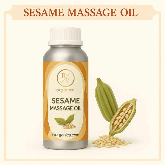 A bottle of Sesame Massage Oil with a label that includes the brand name and product name. The bottle is accompanied by illustrations of sesame seeds and a sesame pod.