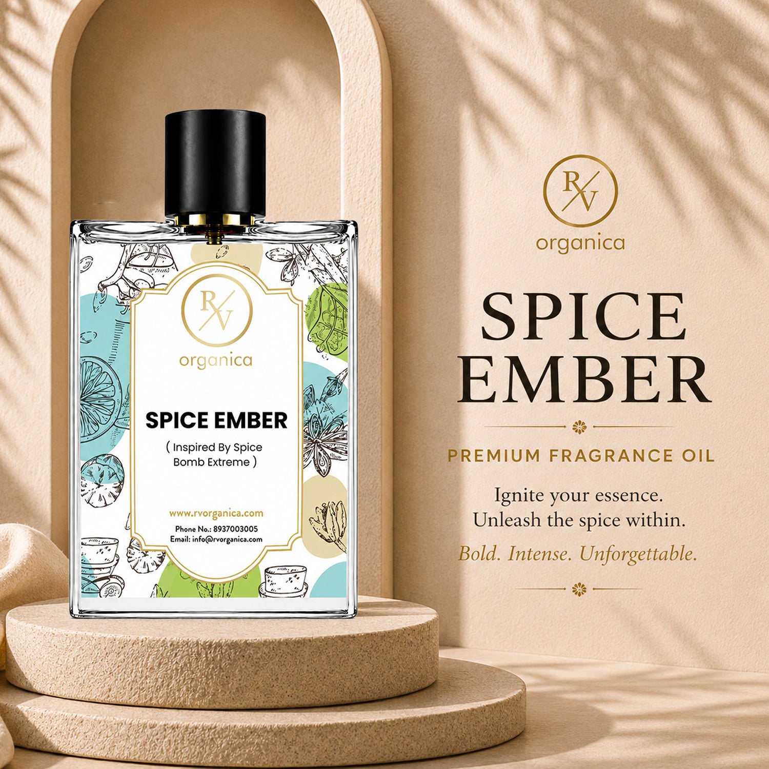 RV Organica Spice Ember premium fragrance oil inspired by Spice Bomb Extreme, displayed in a luxury perfume bottle with a warm beige backdrop for premium fragrance branding