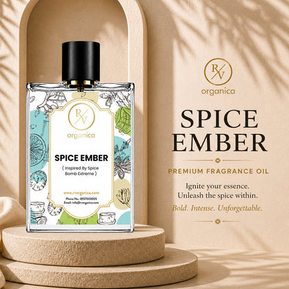 RV Organica Spice Ember premium fragrance oil inspired by Spice Bomb Extreme, displayed in a luxury perfume bottle with a warm beige backdrop for premium fragrance branding