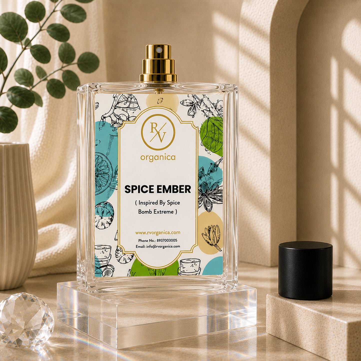 Open bottle of RV Organica Spice Ember premium fragrance oil inspired by Spice Bomb Extreme, showcased in an elegant setting for luxury perfume and fragrance applications.