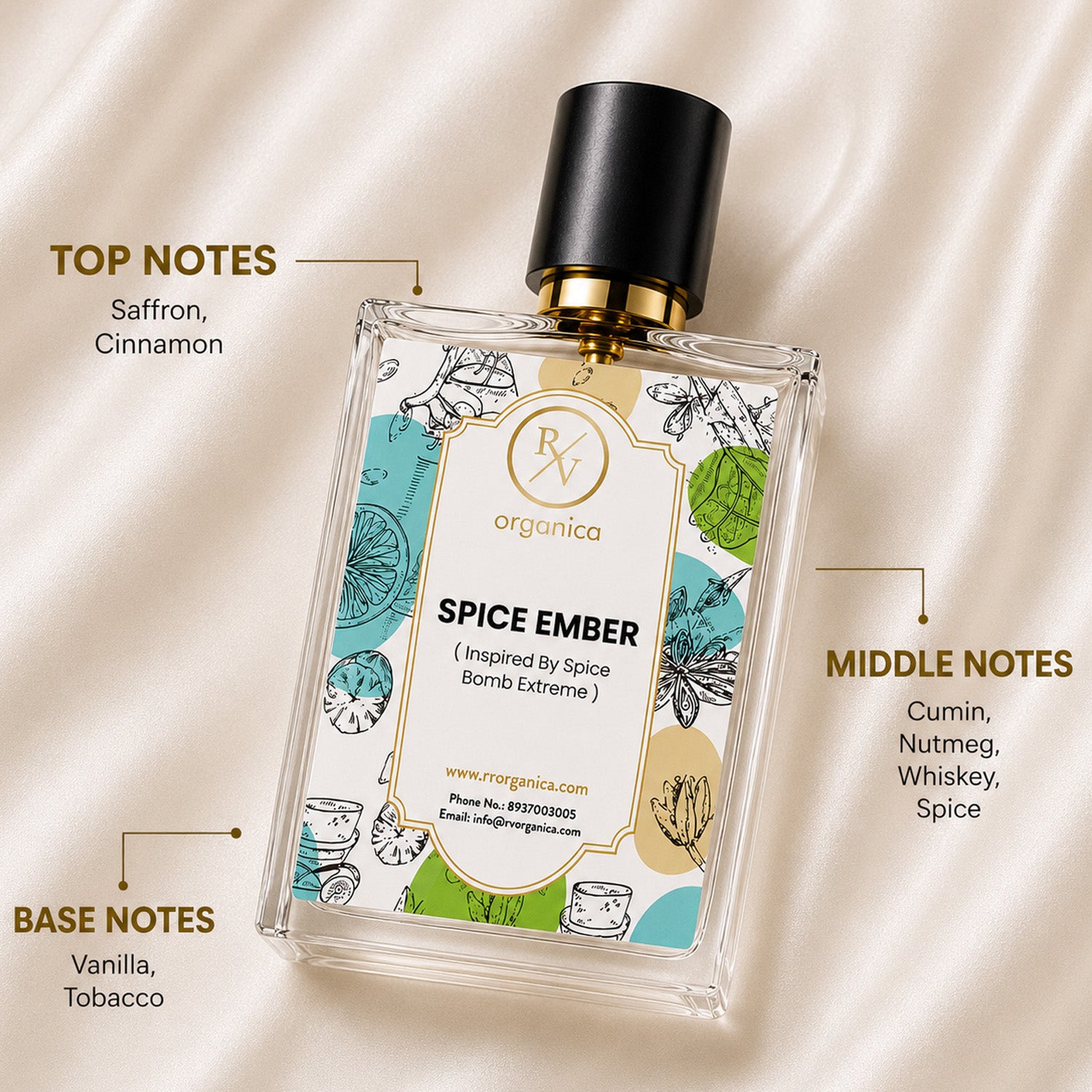 RV Organica Spice Ember premium fragrance oil featuring saffron, cinnamon, cumin, nutmeg, whiskey, spice, vanilla, and tobacco fragrance notes in a luxury perfume bottle