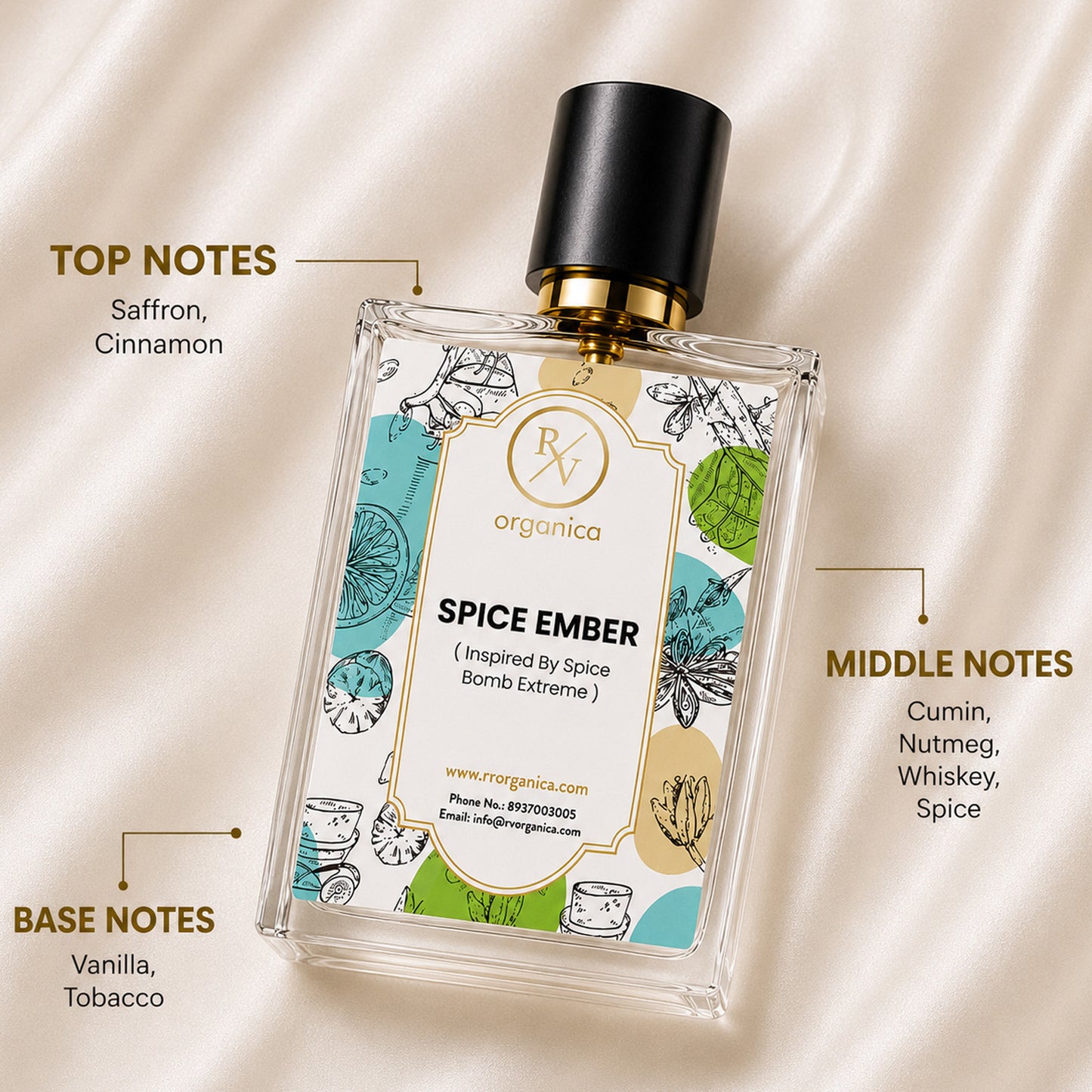 RV Organica Spice Ember premium fragrance oil featuring saffron, cinnamon, cumin, nutmeg, whiskey, spice, vanilla, and tobacco fragrance notes in a luxury perfume bottle