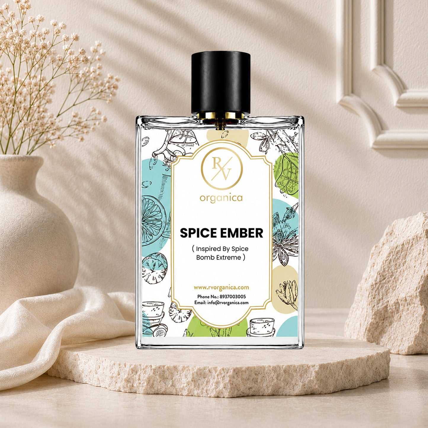 RV Organica Spice Ember premium fragrance oil in a clear glass bottle with a minimalist luxury setting, inspired by Spice Bomb Extreme for perfume and fragrance formulations.