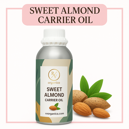 A bottle of Sweet Almond Carrier Oil with almonds and leaves in the foreground, and a label that includes the product name and the brand RV Organica.