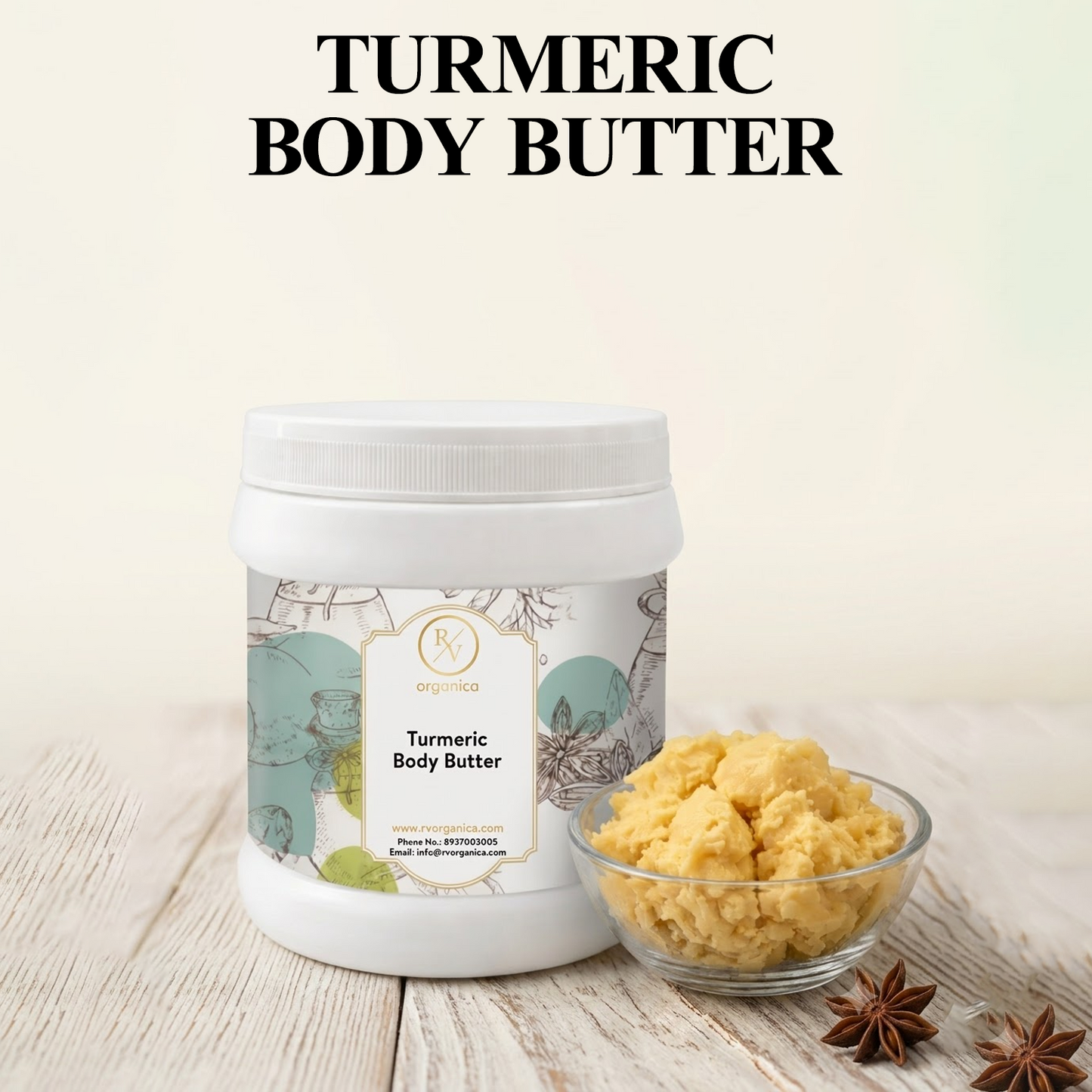 RV Organica Organic Turmeric Body Butter jar for daily skin nourishment and smooth texture