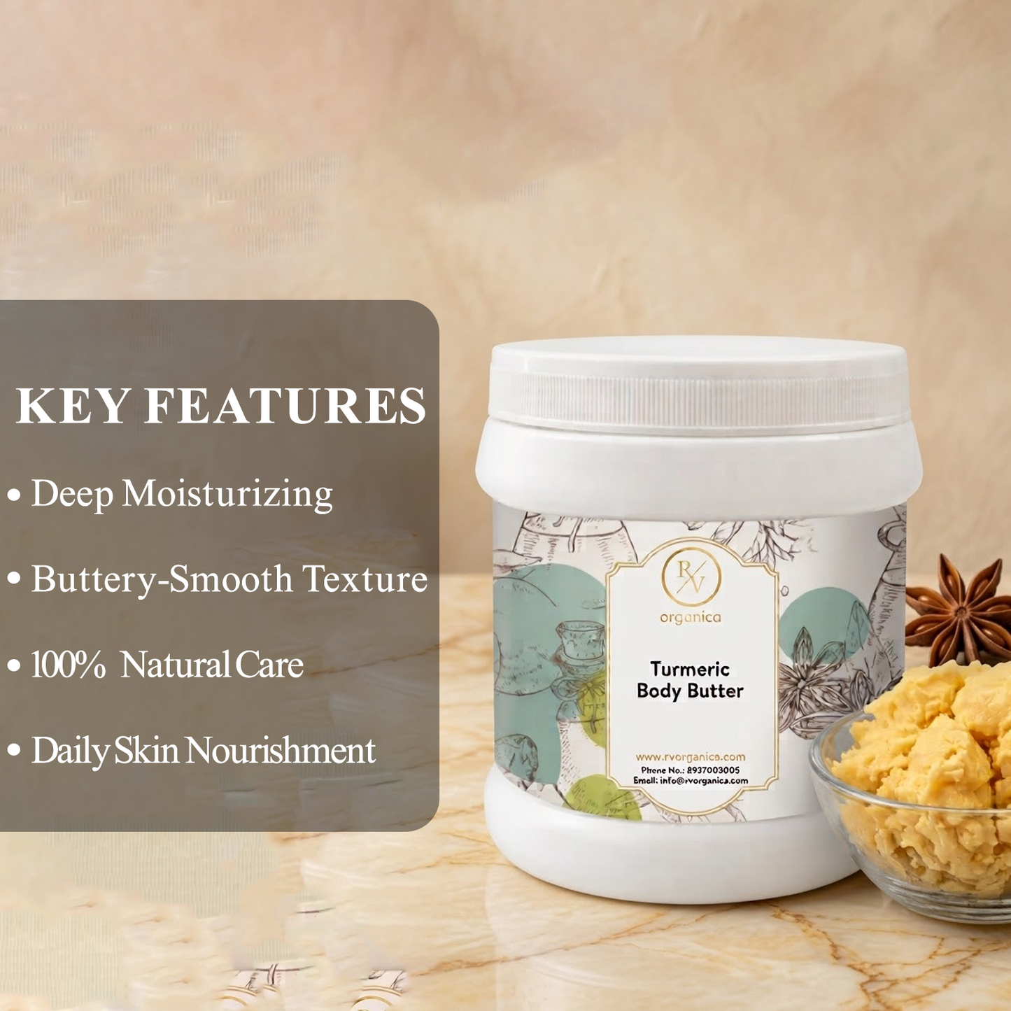 RV Organica Turmeric Body Butter with deep moisturizing formula for soft and nourished skin