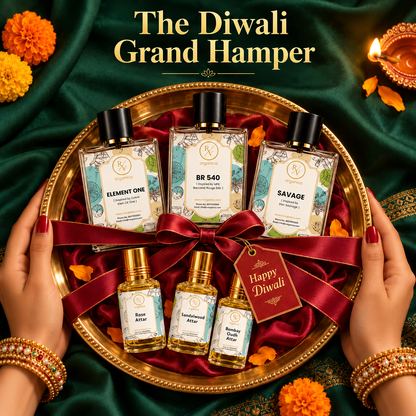 Diwali Grand Hamper with 3 perfumes and 3 attars on a festive thali with ribbon
