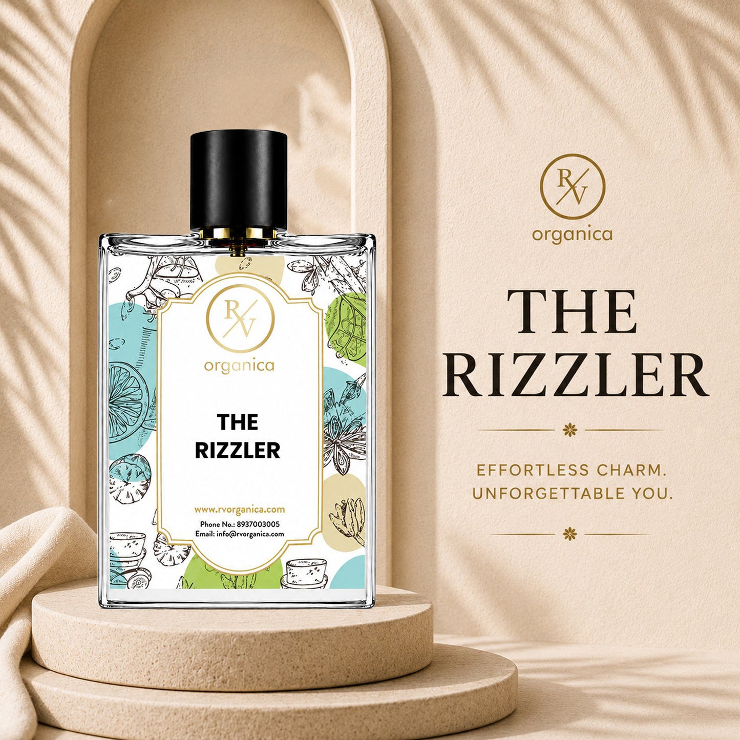 RV Organica The Rizzler Premium Fragrance Oil bottle displayed with product branding in an elegant beige setting