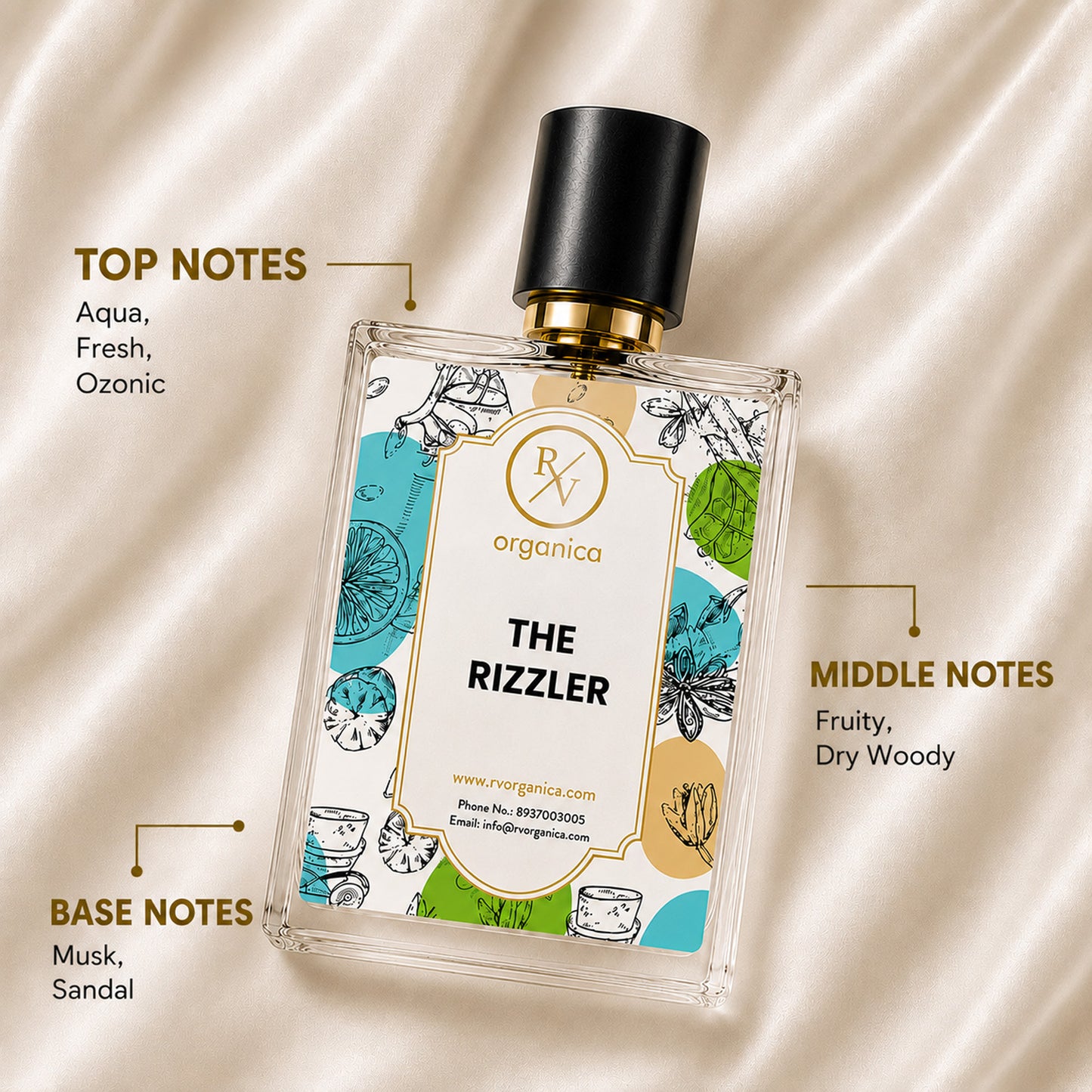RV Organica The Rizzler Premium Fragrance Oil fragrance notes showing aqua, fresh and ozonic top notes, fruity dry woody middle notes, and musk sandal base notes