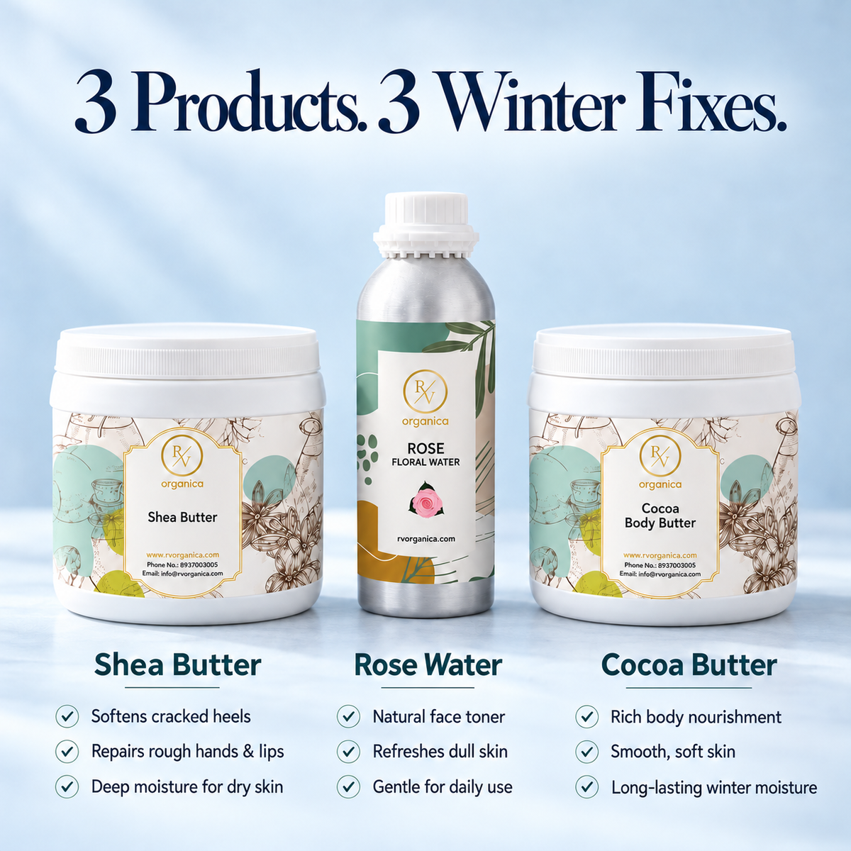Benefits of shea butter, cocoa butter and rose water for winter skin