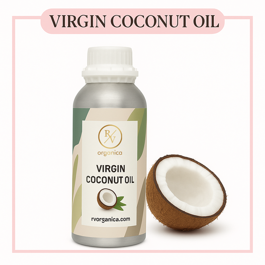 A bottle of virgin coconut oil with a label that includes the brand name and product name, alongside a halved coconut.