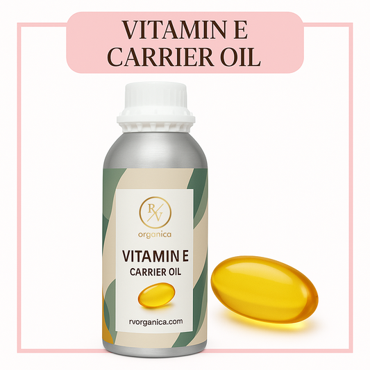 A bottle of Vitamin E Carrier Oil with a softgel capsule illustration, indicating the use of the oil.