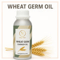 A bottle of wheat germ oil with a white and green label, next to a spike of wheat.
